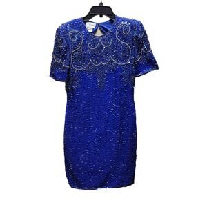 Stenay Vintage 80s Silk Sequin Beaded Knee High 6P Dress Electric Blue Cocktail
